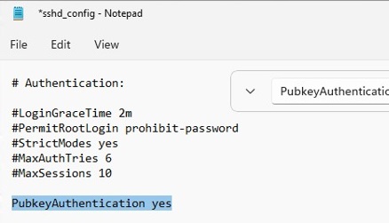 windows: enable publickey authentication in sshd_config