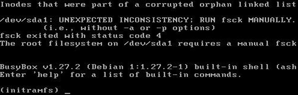 linux busybox UNEXPECTED INCONSISTENCY, filesystem /dev/sda1 requires a manual fsck