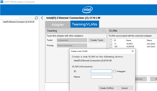 add a new vlan on windows using intel proset adapt