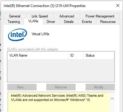 Intel（R）Advanced Network（Intel（R）ANS）チームおよびVLANは、MicrosoftWindows10ではサポートされていません。