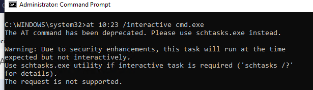 can't run at on windows 10 - Use schtasks.exe utility if interactive task is required 