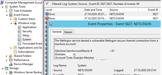 EventID 5827 The Netlogon service denied a vulnerable Netlogon secure channel connection from a machine account