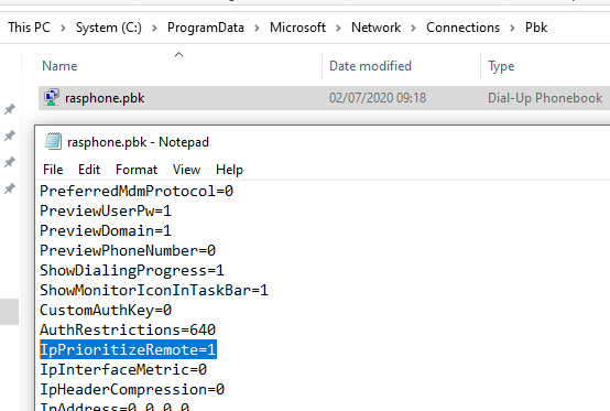 rasphone.pbk connection file -set IpPrioritizeRemote parameter