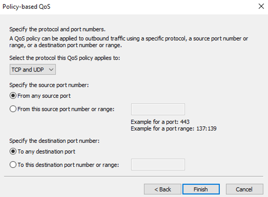 set protocol, source and destination ports in windows qos policy