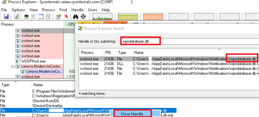 release a file handle using process explorer