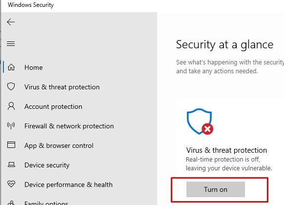 turn on virus threat protection on windows 10
