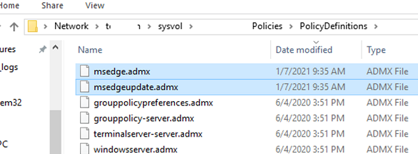 copy edge admx to policydefinitions folder on domain controller