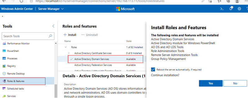 Windows Admin Center installing Active Directory Domain Services role 