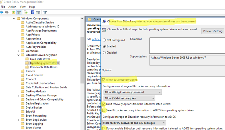 Group Policy to save BitLocker recovery keys to Active Directory
