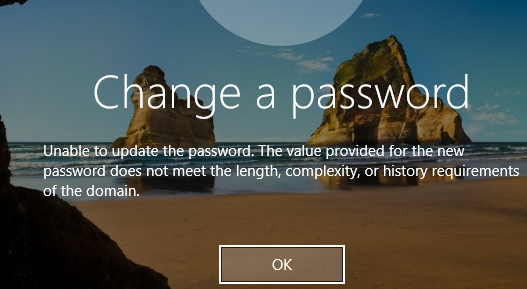 Unable to update the password. The value provided for the new password does not meet the length, complexity, or history requirements of the domain.