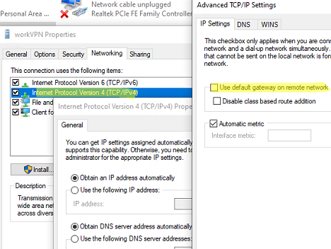uncheck the option "Use default gateway in remote network" in the vpn connection ipv4 properties
