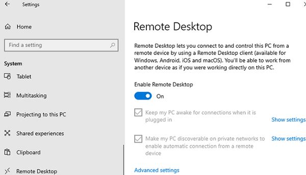 Enable Remote Desktop on Windows 10