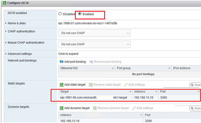 enable software iscsi and ser target ip address on esxi