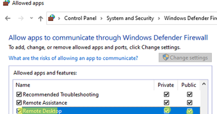 Enable the Remote Desktop rule in Windows Defender Firewall 