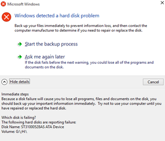 drive health error: Windows Detected a Hard Disk Problem