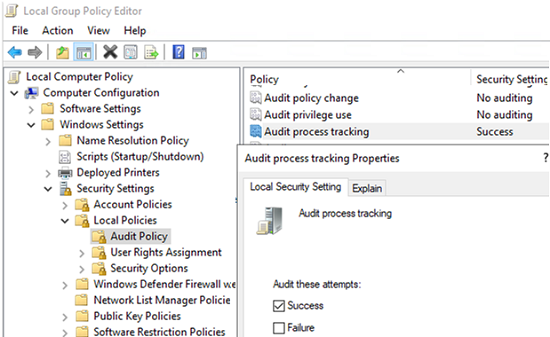 Enable audit process tracking policy in Windows