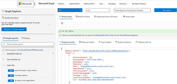 exploring Azure AD Objects with MIcrosoft Graph Explorer 
