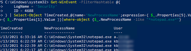 getting history of running processes from Event Viewer using PowerShell 
