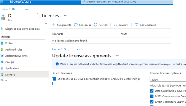 azure ad portal: user license assignments