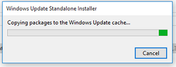 installing windows updates manually hangs on Copying packages to the Windows Update cache