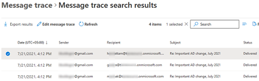 message trace search result in exchange admin center in microsoft 365