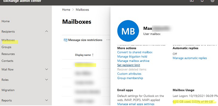 Check mailbox size and usage in Microsoft 365 or Exchange Online