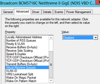 disable VMQ (Virtual Machine Queue) in NIC driver settings