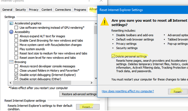 Internet Explorer: Delete personal settings in Windows 10