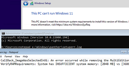 troubleshoot Windows 11 installation erorrs, minimum system requirement check via setuperr.log 