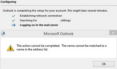 Outlook error: The name cannot be matched to a name in the address list