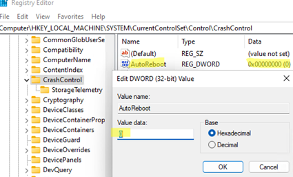 AutoReboot registry option under CrashControl key