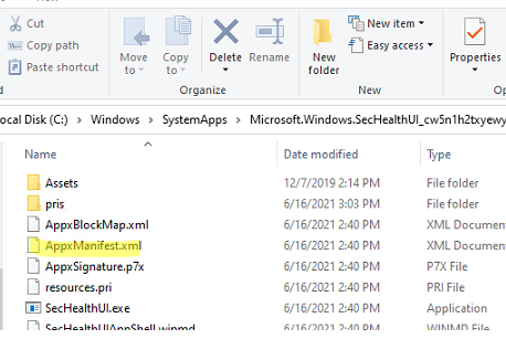 check for Microsoft.Windows.SecHealthUI appmanifest.xml
