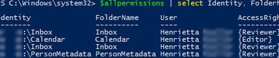 Find an assigned folder permissions in mailboxes using Get-MailboxFolderPermission 