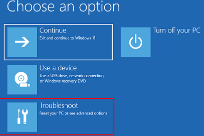Troubleshoot option on windows recovery environment