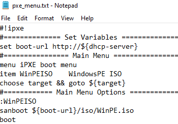 pxe server config file fow WinPE