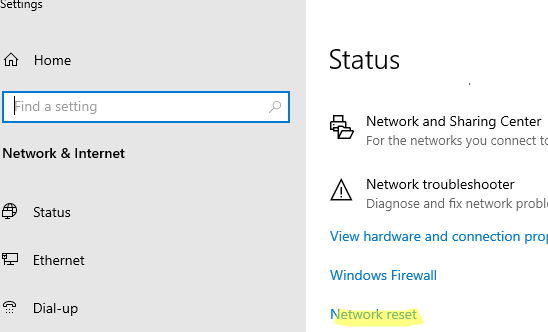 reset network in windows 10