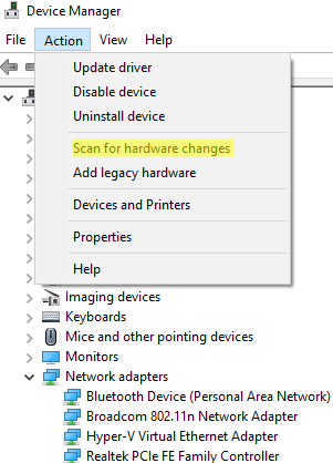 scan for hardware changes with device manager