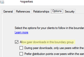 enable delivery optimization in configuration manager - Allow peer downloads in this boundary group 
