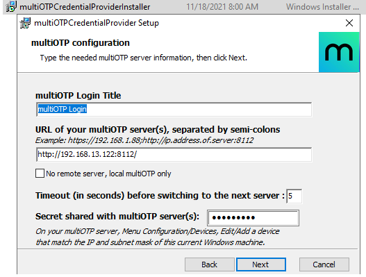 Install multiOTP-CredentialProvider on Windows 