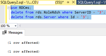 remove remote desktop server from RD database with T-sql