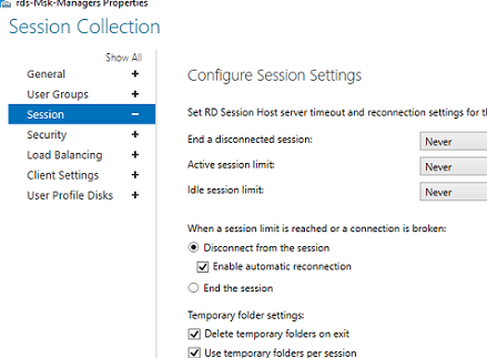 Configure RDS session timeout and reconnection settings
