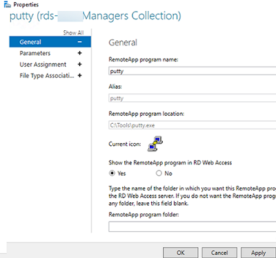 configure remote app properties in rds collection settings