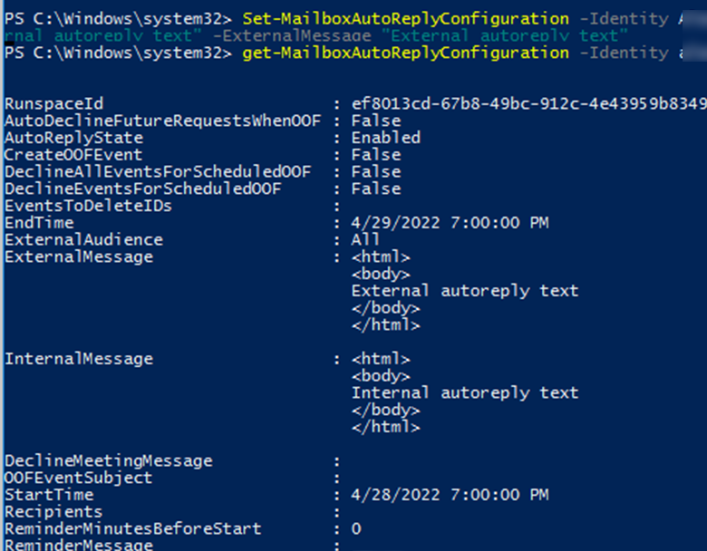 Set-MailboxAutoReplyConfiguration - configure out of office message in microsoft 365 with PowerShell