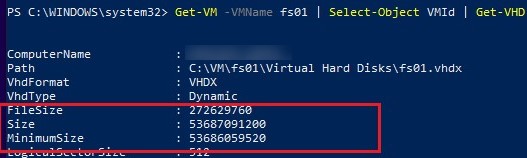 get vhdx virtual disk size on hyper-v via powershell