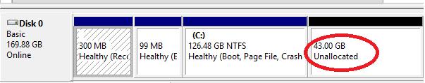 unallocated space on virtual disk inside virtual machine