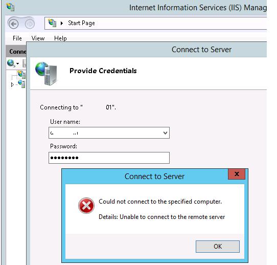 IIS console error: Could not connect to the specified computer
