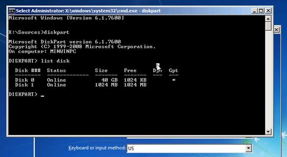 list disk with diskpart