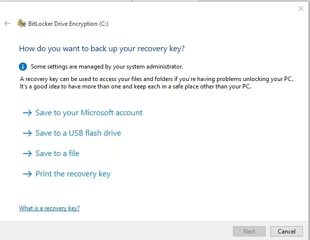 backup bitlocker recovery key in windows 10