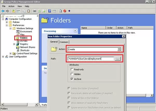 create folder Sun\Java\Deployment with GPO Java7Restrict
