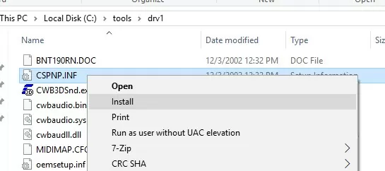installing driver from the inf file